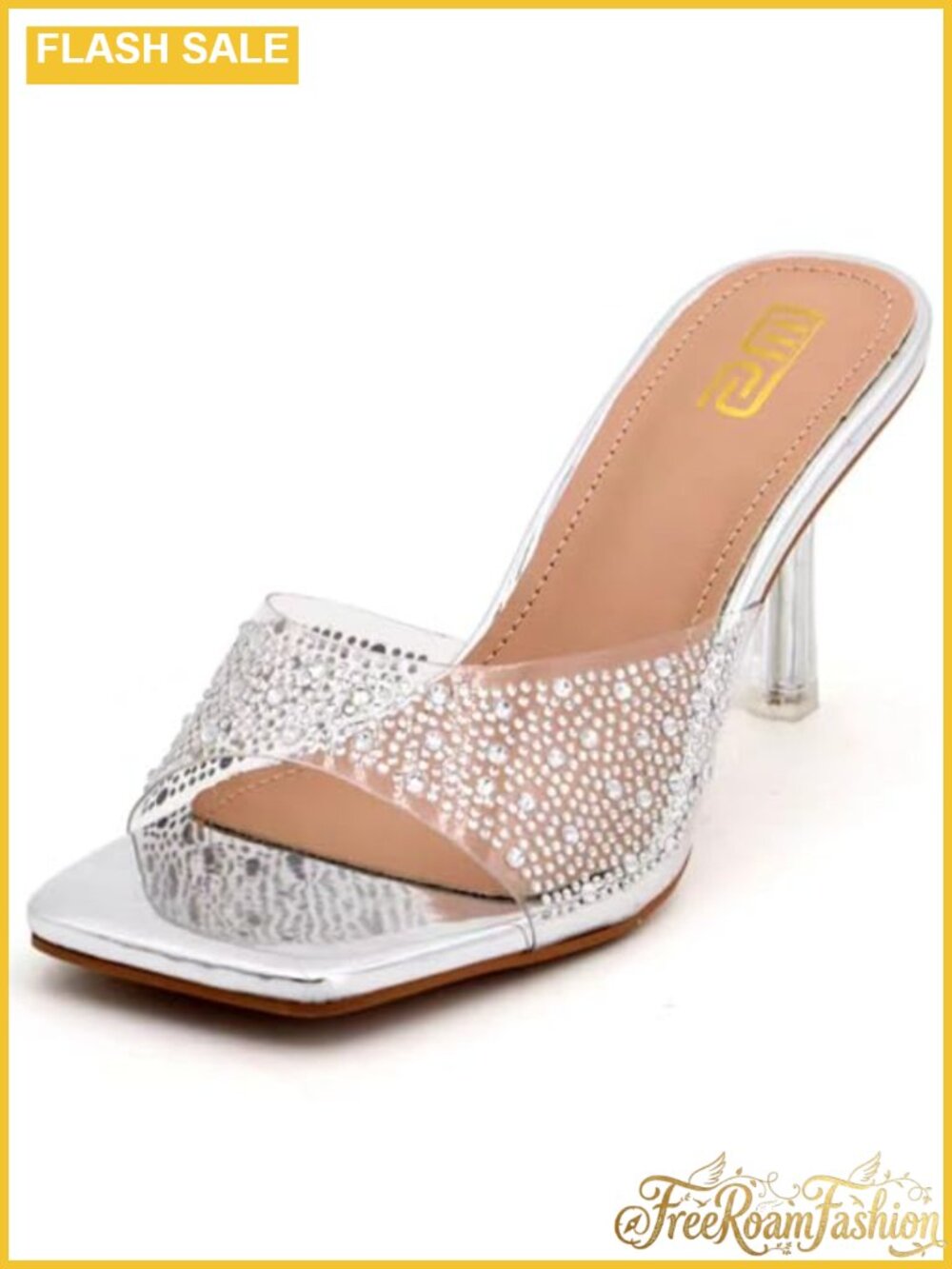 Rhinestone Stiletto Heeled Sandals Square Open Toe Slip-On Evening Wedding
